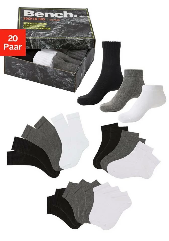 Bench. Sportsocken (Box, 20-Paar) 3 Längen in einer Box 6 x schwarz | 7 x weiß | 7 x grau-meliert, 20 x schwarz 10 Bench. Sportsocken (Box, 20-Paar) 3 Längen in einer Box 6 x schwarz | 7 x weiß | 7 x grau-meliert, 20 x schwarz – Bild 10